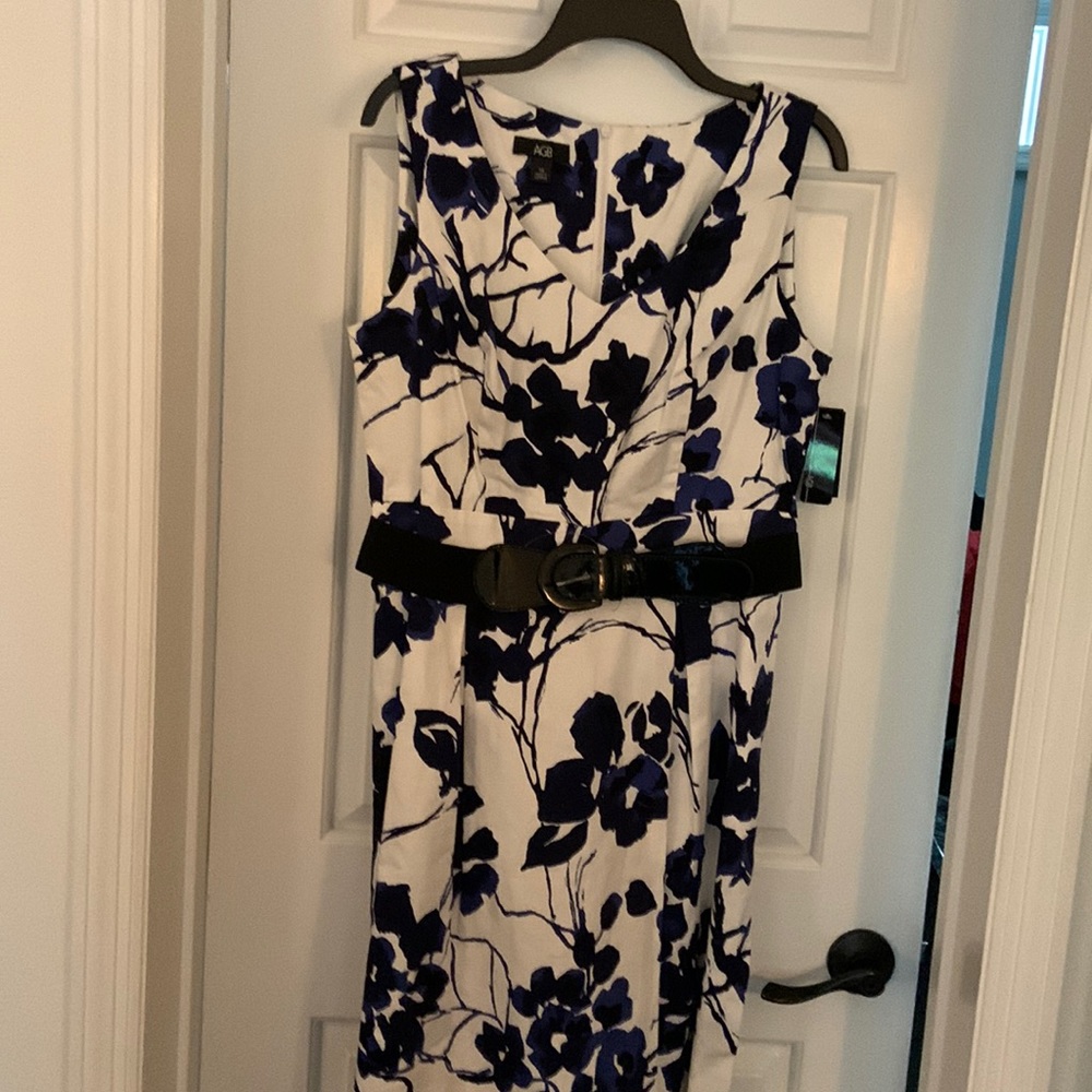 AGB, stretch material, blue and black flowers with black accent belt, new